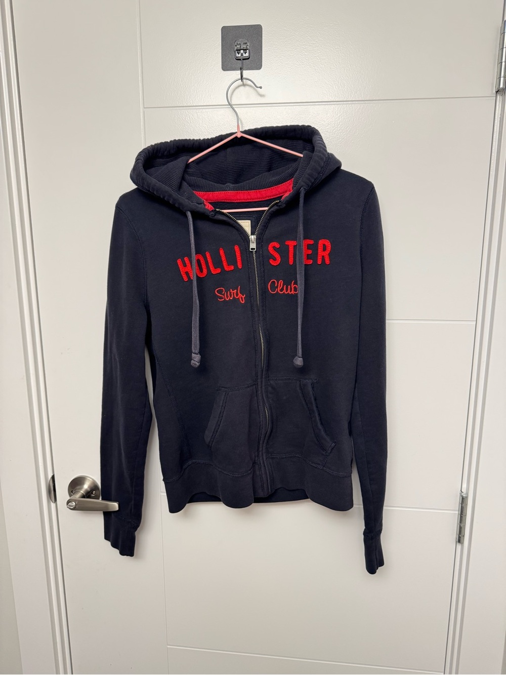 Hollister Women’s L Navy Full Zip Hoodie Surf Club Red Embroidered Logo